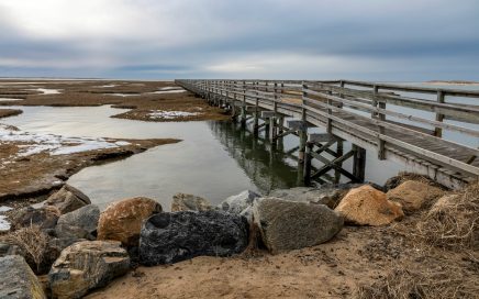Beautiful landscape of the boardwalk over Bass Hole on Cape Cod, Massachussets, on a cloudy day